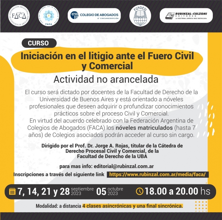 La Comisión invita a: Curso Iniciación en el litigio ante el Fuero Civil y Comercial - inicio 07/09/2023